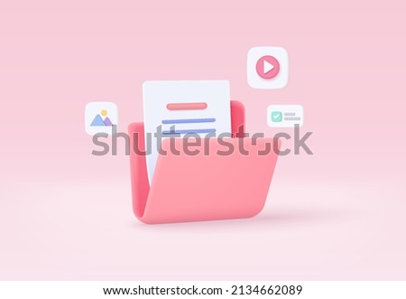 3d folder and paper for management multimedia file, document efficient work on project plan concept. Image and video document minimal folder icon. 3d vector picture render on isolated pink background