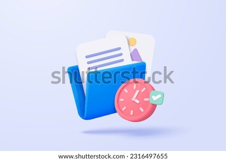 3d folder and paper for management multimedia file, document on project plan. Image and video document folder on time alert notification 3d icon. 3d clock  icon vector picture render illustration