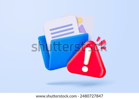 3d folder and paper for management multimedia file. document file work on project plan. no entry, problem, fail warning. Image and video document folder. 3d icon vector render illustration