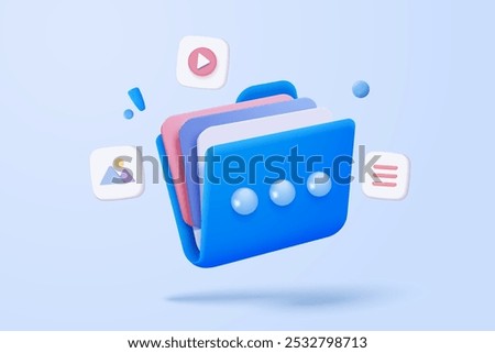 3d folder and paper for management multimedia movie file, paperwork multiple signs on database. Image and video document minimal folder icon. 3d cinema icon vector render illustration