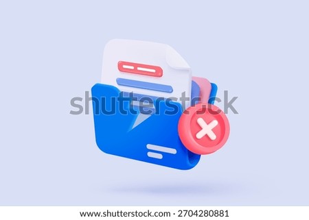 3d folder and paper for management multimedia file. document file work on project plan. no entry, problem, fail warning. Image and video document folder. 3d icon vector render illustration