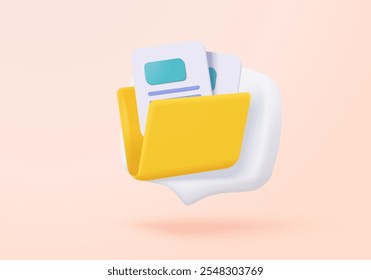 Carpeta 3D y hoja de papel para la gestión del ciberespacio de archivos multimedia, documentar el trabajo eficiente en el Plan del proyecto. Papeleo de Imagen Video e ícono de carpeta de documentos. Icono de imagen 3d Vector render Ilustración