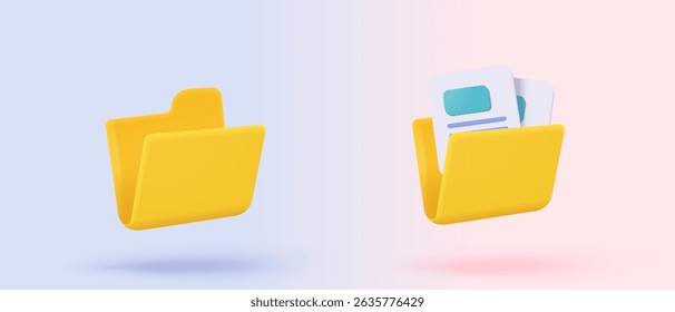 3d folder and paper sheet for management multimedia file cyberspace, document efficient work on project plan. Image paperwork and video document folder icon. 3d picture icon vector render Illustration