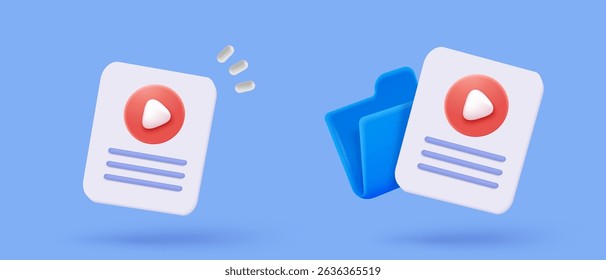 3d folder and paper sheet for management multimedia file cyberspace, document efficient work on project plan. Image paperwork and video document folder icon. 3d picture icon vector render Illustration