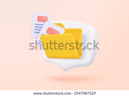 3d folder and paper sheet for management multimedia file cyberspace, document efficient work on project plan. Image paperwork and video document folder icon. 3d picture icon vector render Illustration