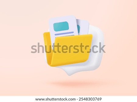 3d folder and paper sheet for management multimedia file cyberspace, document efficient work on project plan. Image paperwork and video document folder icon. 3d picture icon vector render Illustration