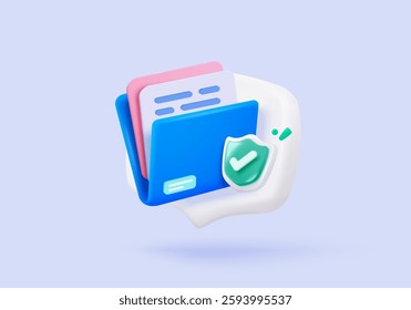 3d folder and paperwork for management file with shield protection, document organization work on project. Document with secret files icon. 3d folder secure protect icon vector render illustration