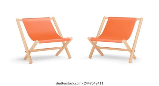 3D Folding chairs. Wooden lounge seat with fabric. Cartoon camping elements, outdoor furniture. Vector illustration. Leisure object in plastic style.