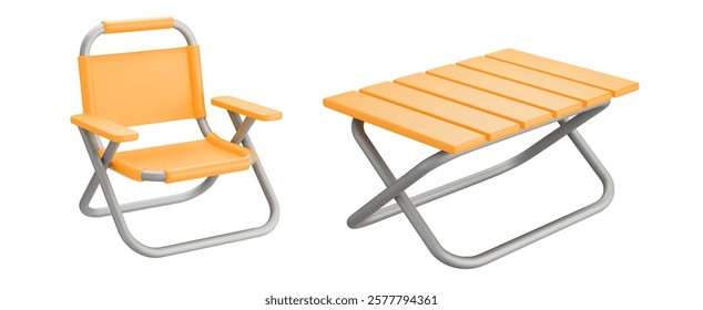 3d folding table and chair for camping yellow color for picnic or rest. Stock vector illustration on isolated background.