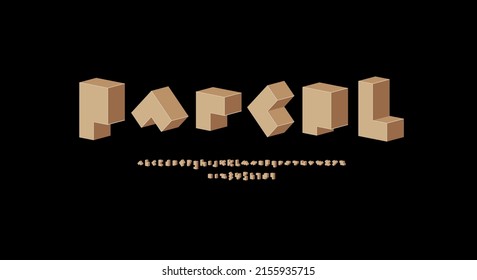 3d font, alphabet made in paper cardboard style, letters and numbers, vector illustration 10eps