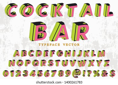 3d Font alphabet Typeface handcrafted vector label design cocktail bar