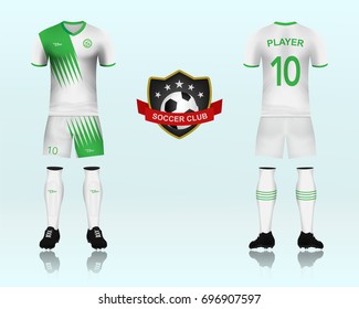 3D of Font and back of soccer jersey shirt with pants and soccer socks. Concept for soccer team uniform or football apparel mockup template in vector illustration