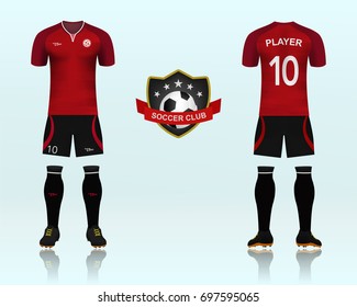3D of Font and back of soccer jersey shirt with pants and soccer socks. Concept for soccer team uniform or football apparel mockup template in vector illustration