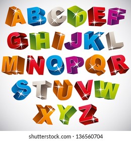 3D font, bold colorful alphabet, vector.
