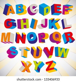 3D font, bold psychedelic colorful alphabet, vector.