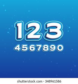 3D Font in Cartoon style with numbers. Vector Alphabet on blue background