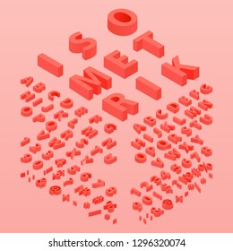 3d font color Living Coral, Three-dimensional alphabet. Isometric alphabet font. 3d effect letters, numbers and symbols. Isometric Trendy Font. Isometric 3d font, three-dimensional alphabet letters. 