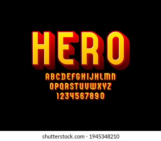 Fuente 3D en el estilo de los cómics, alfabeto brillante de moda, letras y números condensados, ilustración vectorial 10eps