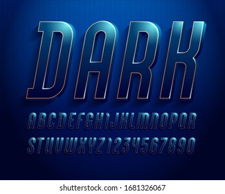 3d font from dark blue color, trendy gloomy alphabet sans serif, modern italic letters and numbers for your logo, flyer, film poster, fashion banner, vector illustration 10eps.