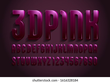 3d font from dark pink color, trendy gloomy alphabet sans serif, modern letters and numbers for your calendar, flyer, poster, banner, vector illustration 10eps.