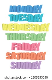 3D font of days of the week: monday, tuesday, wednesday, thursday, friday, saturday, sunday. Vector isolated illustration
