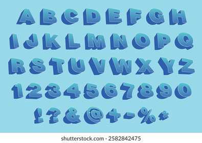 3d font design with halftone effect. Complete english alphabet and numbers from 0 to 9. Collection of large letters in 3d style with halftone effect. Vector illustration.