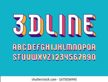 3D Font from geometric module, trendy bright alphabet, modern condensed capital Latin letters from A to Z and Arab numbers from 0 to 9 for you designs, vector illustration 10EPS