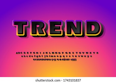 3D Font from geometric module, trendy bright alphabet, modern condensed capital Latin letters from A to Z and Arab numbers from 0 to 9 for you designs, vector illustration
