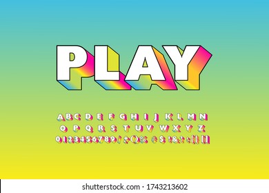 3D Font from geometric module, trendy bright alphabet, modern condensed capital Latin letters from A to Z and Arab numbers from 0 to 9 for you designs, vector illustration