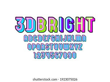 3D Font from geometric module, trendy bright alphabet, modern condensed capital Latin letters from A to Z and Arab numbers from 0 to 9 for you designs, vector illustration 10EPS