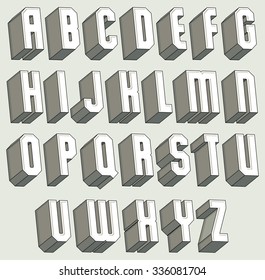 3d font, geometric three-dimensional letters set, monochrome alphabet for design.
