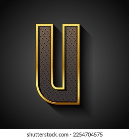 3d font with golden streak, trendy condensed alphabet sans serif, modern metallic letter U with carbon fiber texture, vector illustration 10eps.