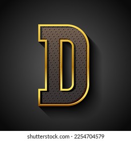 3d font with golden streak, trendy condensed alphabet sans serif, modern metallic letter D with carbon fiber texture, vector illustration 10eps.