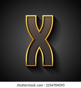 3d font with golden streak, trendy condensed alphabet sans serif, modern metallic letter X with carbon fiber texture, vector illustration 10eps.