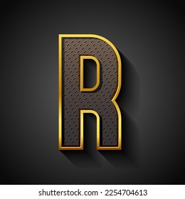 3d font with golden streak, trendy condensed alphabet sans serif, modern metallic letter R with carbon fiber texture, vector illustration 10eps.