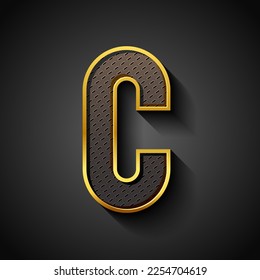 3d font with golden streak, trendy condensed alphabet sans serif, modern metallic letter C with carbon fiber texture, vector illustration 10eps.