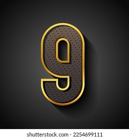 3d font with golden strip, trendy condensed alphabet sans serif, uppercase modern metallic number 9 with oval pattern surface inside, vector illustration 10eps.