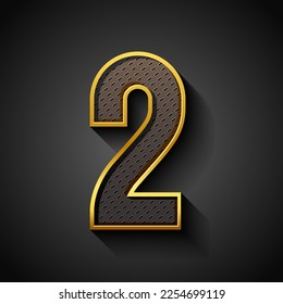 3d font with golden strip, trendy condensed alphabet sans serif, uppercase modern metallic number 2 with oval pattern surface inside, vector illustration 10eps.