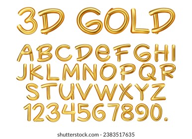 Tipo de letra 3D de estilo dorado. Conjunto de letras y números con gradiente dorado sobre fondo aislado. Representación 3D de texto vectorial hecho de metal o plástico en forma de globo.