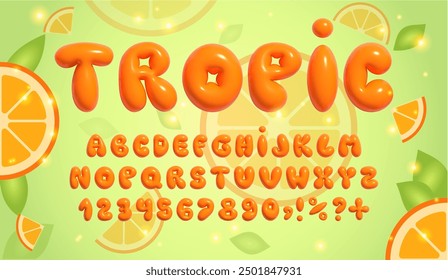 3d font inflatable in y2k style. Bright orange, three dimensional, tropical bubble alphabet