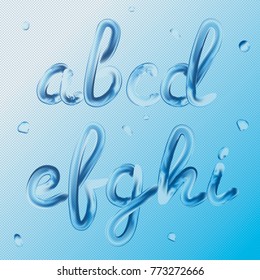 3d font. Letters a, b, c, d, e, f, g, h, i. Realistic water paint render typography vector illustration. Transparent text.