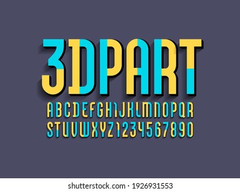 3D Font made of from multicolored parts, original bright alphabet, modern condensed letters and numbers, vector illustration 10EPS.