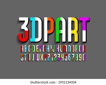 3D Font made of from multicolored parts, modern original alphabet, bright condensed letters and numbers, vector illustration 10EPS.
