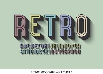 3D Font from multicolored, trendy alphabet, retro condensed letters and numbers, vector illustration 10eps