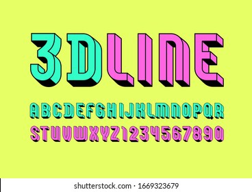 3D Font from multicolored, trendy bright alphabet, modern condensed letters and numbers for your design, vector illustration 10EPS.