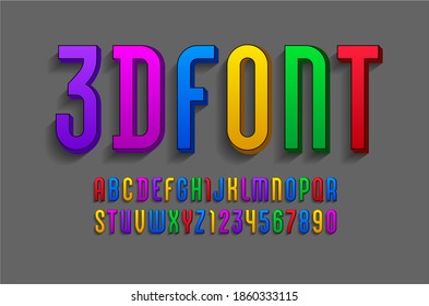 3D Font from multicolored, trendy bright alphabet, modern condensed letters and numbers for your design, vector illustration.