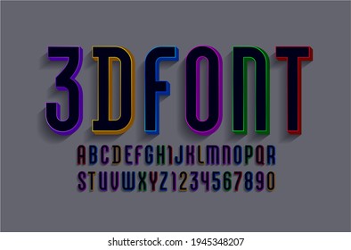 3D Font from multicolored, trendy bright alphabet, modern condensed letters and numbers for your design, vector illustration.