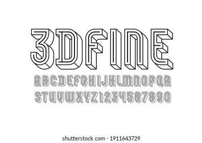3D Font from outline, simple modern alphabet, letters and numbers, vector illustration 10eps.