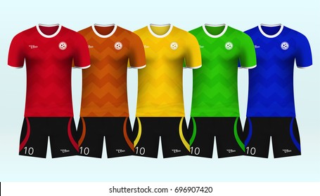 3D of Font of red, orange, yellow, green and blue soccer jersey shirt with pants. Concept for soccer team uniform or football apparel mockup template in vector illustration