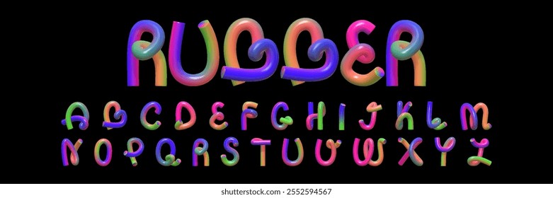 Fonte 3D na forma de uma mangueira de borracha curvada. Um conjunto criativo de letras em inglês 3D com uma textura reflexiva e um gradiente brilhante multicolorido.